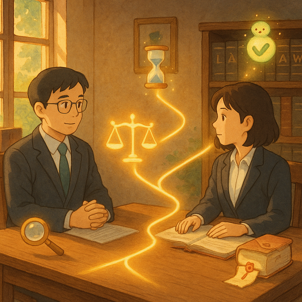 溫暖自然光下,吉卜力風格手繪律師事務所,兩位台灣律師對坐諮詢;桌上天秤、放大鏡與卷宗封條化作發光圖標,分岔小徑延伸成兩條光路,象徵偵查與他案流程;牆邊法典、時間沙漏與勾選圖標精靈環繞,氛圍細膩溫暖且奇幻。