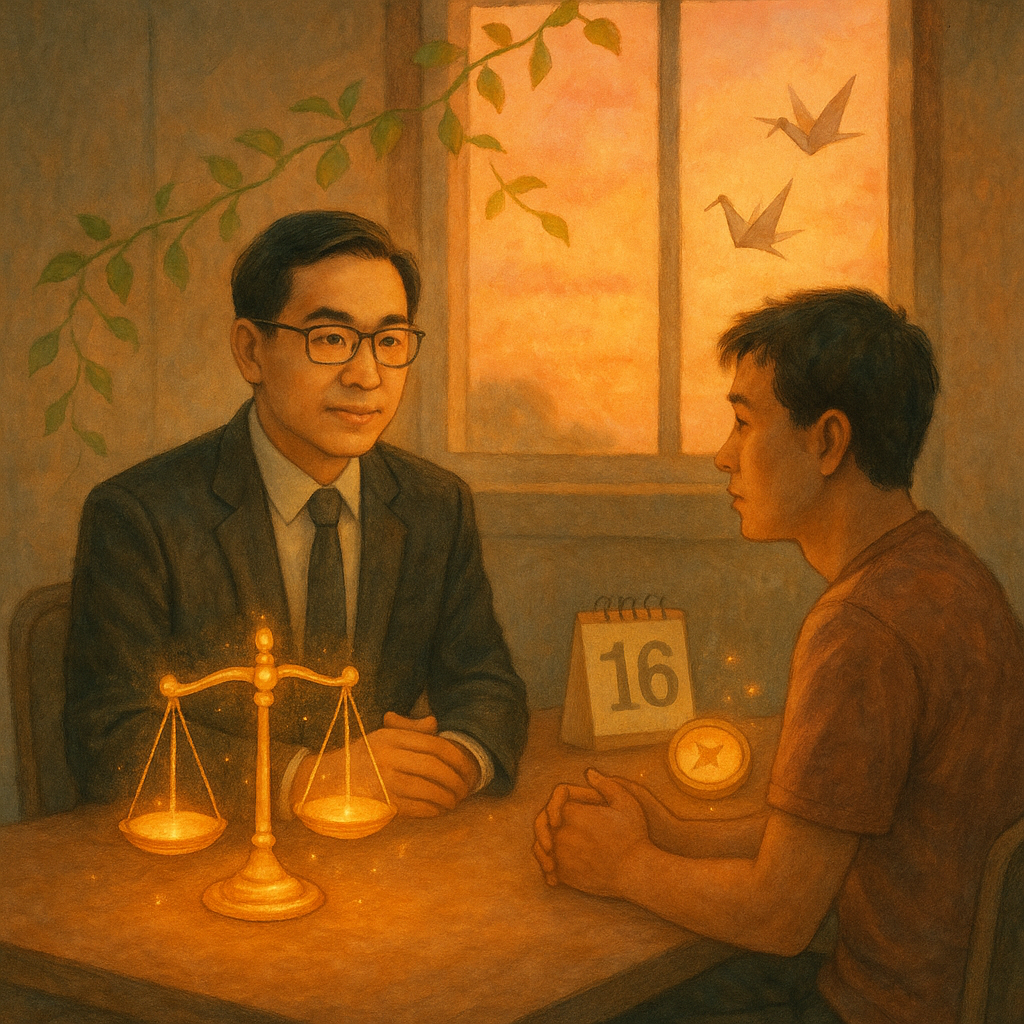 黃昏暖光下，台灣律師在陪偵情境中陪同民眾於偵訊室對坐，柔和手繪質感。桌上發光的正義天秤、日曆與指引羅盤化作溫柔光點，窗外藤蔓與紙鶴輕揚，象徵行動與希望。角色表情專業而安心，整體奇幻寫實、細膩無字。
