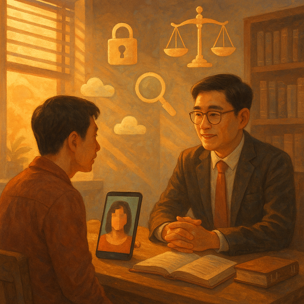 夕陽灑入溫暖的法律諮詢室,兩位台灣人(律師與當事人)細語交流;桌上手機螢幕呈馬賽克化人像,周圍漂浮鎖頭、天秤、放大鏡與雲端符號,隱喻散布私密影像的爭點與證據。柔和色調、自然光與手繪質感,奇幻沉浸。