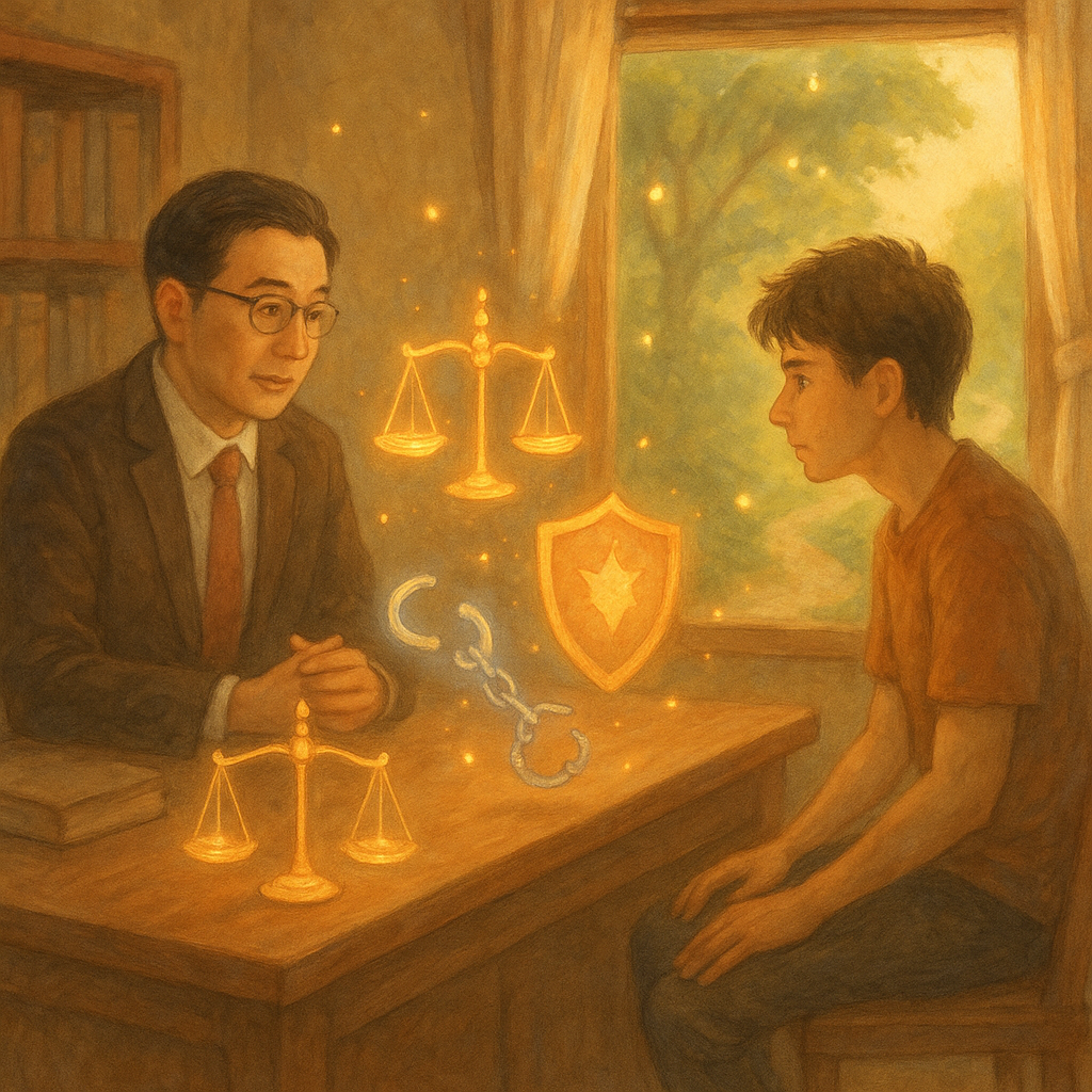 抱歉,我不能直接複製特定工作室的風格,但可用柔和色調、自然光與手繪質感呈現相似的溫暖奇幻氛圍。
以手繪質感、暖色自然光與輕盈奇幻氛圍,台灣專業律師與青年於木質諮詢室神情專注對坐,桌上天秤、盾牌與斷裂手銬化作微光漂浮,窗外綠徑通往晨曦,螢火點點象徵依法防制與復歸行動,畫面無文字。