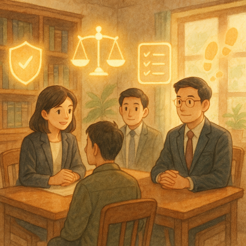 吉卜力風格的溫暖場景：台灣男女律師與當事人於柔光木質事務所對談，身旁漂浮發光的盾牌、天秤、打勾清單、日曆與漸淡足跡，象徵合規自清與避免再犯；柔和色彩與手繪質感、自然光營造魔幻沉浸感，畫面無文字。