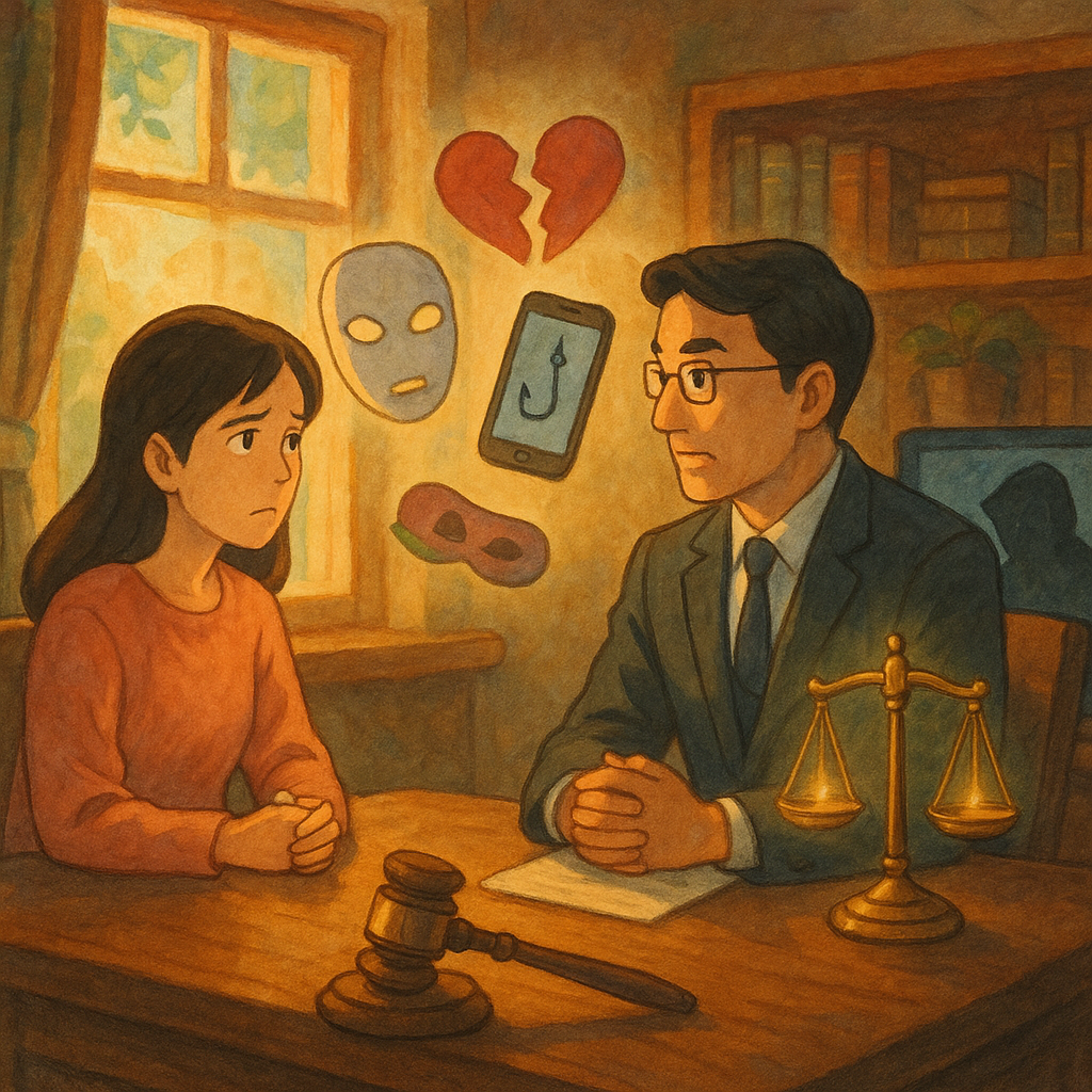 溫暖奇幻的吉卜力風辦公室裡，一位台灣女性受害者與台灣律師對坐；窗外柔光灑落，桌面漂浮象徵的破碎愛心、面具與釣鉤手機，法槌與天秤發出微光，暗影螢幕隱現詐騙身影，電影感手繪質感。