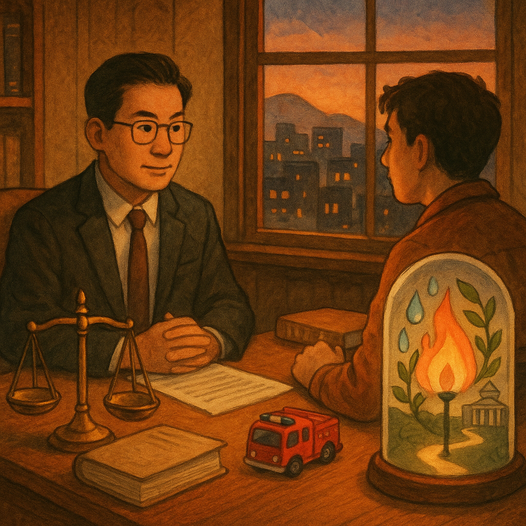 暖色手繪電影感動畫風：台灣律師與當事人在木質事務所對談，窗外暮色城景。桌上微光天秤、卷宗與迷你消防車。玻璃燈罩內溫柔火苗被水滴與綠葉環繞，旁側流光足跡通往遠方法院，象徵縱火罪的風險與行動建議。