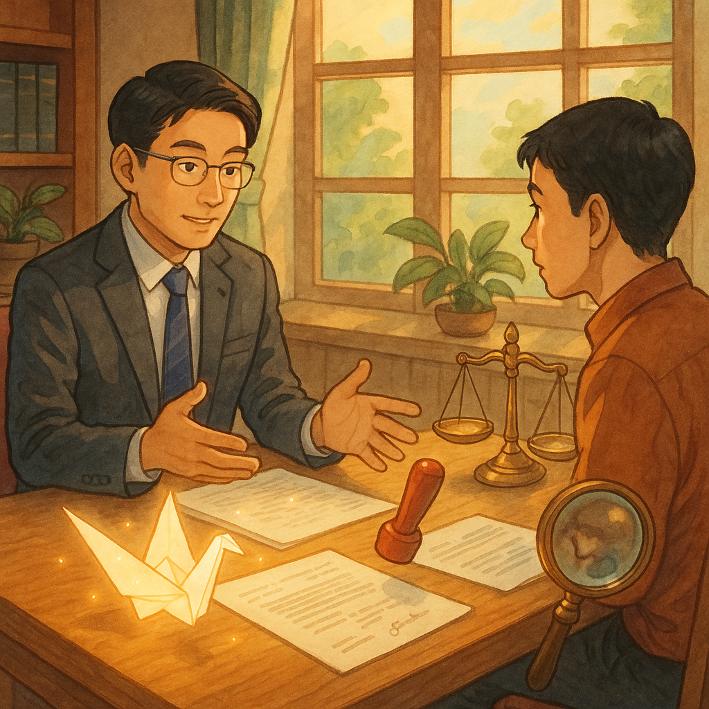 日式溫暖辦公室裡，台灣律師與當事人對坐諮詢；桌上文件化作發光紙鶴與印章浮起，天平與放大鏡映出偽造痕跡，窗外柔光與綠植、吉卜力式手繪質感營造奇幻而專業的結論與行動指引氛圍，畫面無文字。