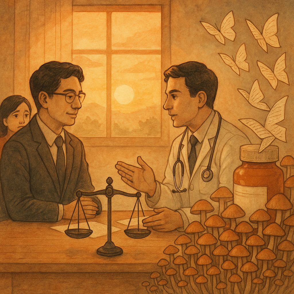 夕陽灑入溫暖診間,柔和色調與手繪質感瀰漫;台灣律師與醫師對坐諮詢,一旁病患家屬傾聽;聽診器化作天秤,藥瓶長成過多的蘑菇林,處方紙化蝶飛舞,象徵過度醫療與權益衡量。