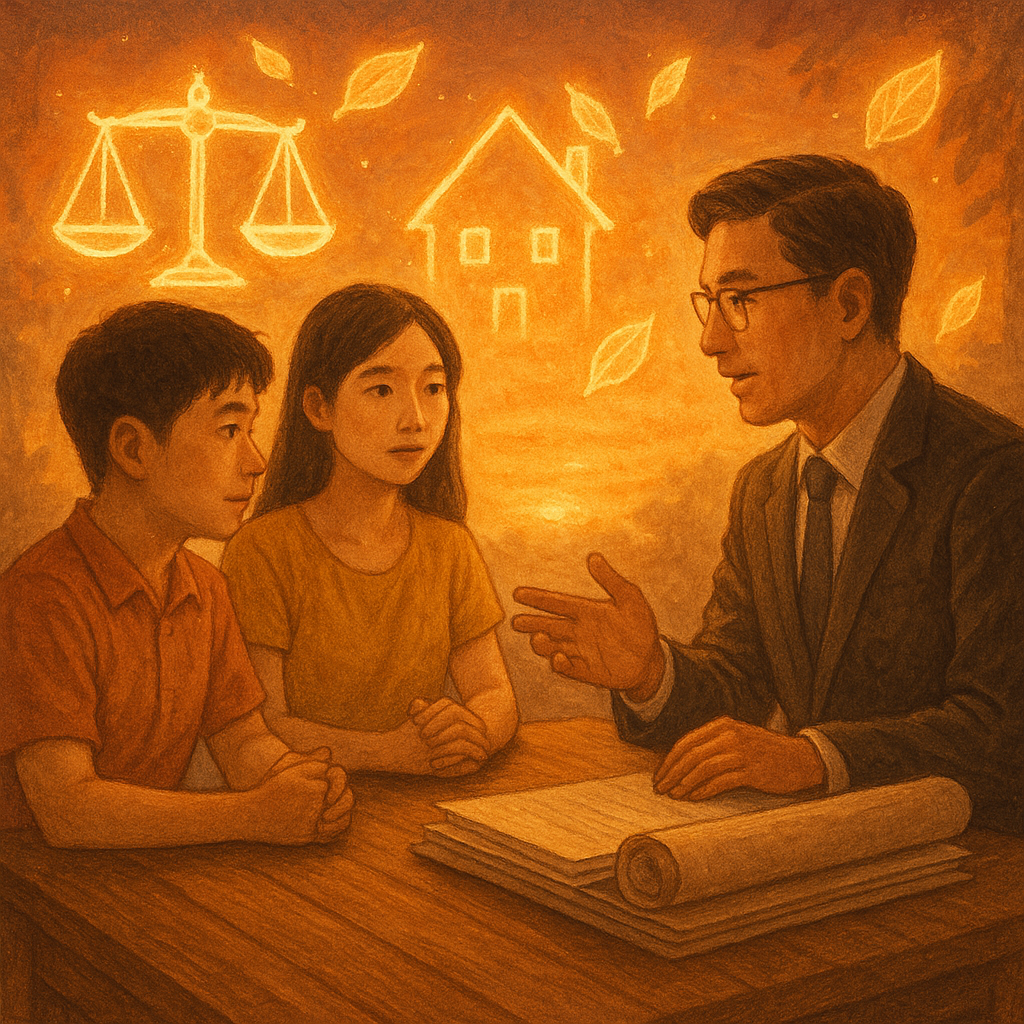 暖色夕光下,台灣兄妹與專業律師在木桌前溫柔商談遺產分配,天平與卷宗、家屋與樹葉化作發光符號環繞;電影感構圖、手繪質感、柔和色調,現實與奇幻交織,寓意特留分與行動決心。