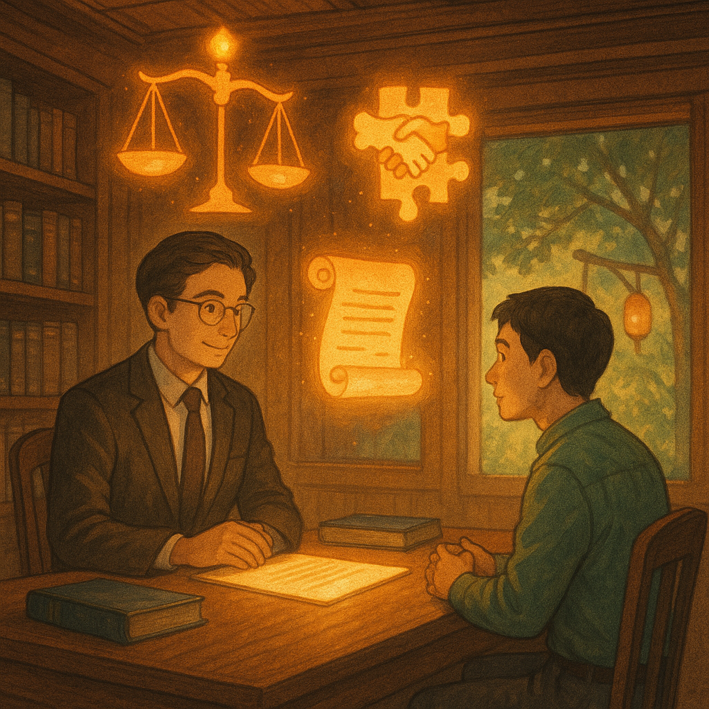 吉卜力式溫暖光影下，台灣律師與當事人在木質事務所對談，天花板漂浮天秤、握手與拼圖、發光契約卷軸，象徵認罪協商；窗外風拂樹影，庭院懸著分岔燈籠，手繪質感細膩，魔幻而寫實，無文字。