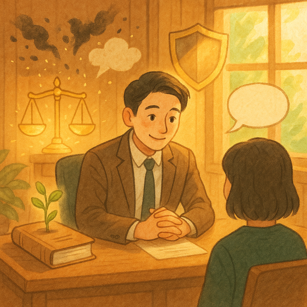 溫暖手繪動畫風：台灣人專業律師在陽光木質事務所，溫柔傾聽當事人。發光天秤、盾牌與無字雲朵語泡環繞，黑影流言化作光粒散去，卷宗綻放花芽，象徵妨害名譽案例研究與實際成效。