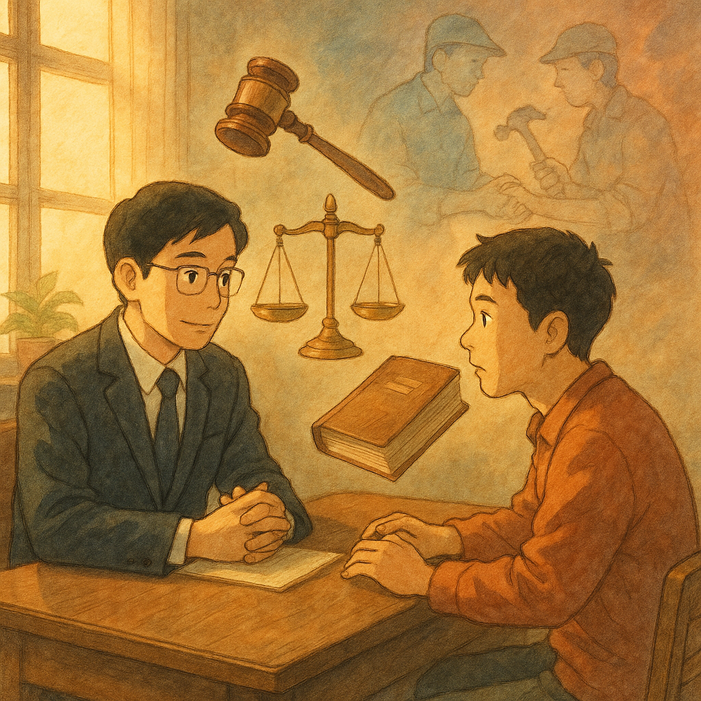 溫柔自然光與暖色微光下,台灣人律師與當事人諮詢,身旁漂浮法槌、天秤與案件卷宗;遠處兩個半透明身影一主一輔交握工具,光影交錯象徵幫助犯爭議,手繪質感、吉卜力風格,無文字。