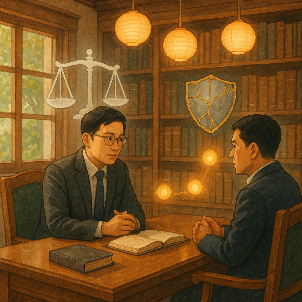 吉卜力風格高解析插畫：溫暖木質事務所中，台灣律師與企業主表情專注諮商；窗外柔和自然光。半透明天平、盾牌與以金繼修補的裂痕商標徽章漂浮，象徵商譽受損與保護。三盞發光紙燈引導策略路徑，畫面無文字。