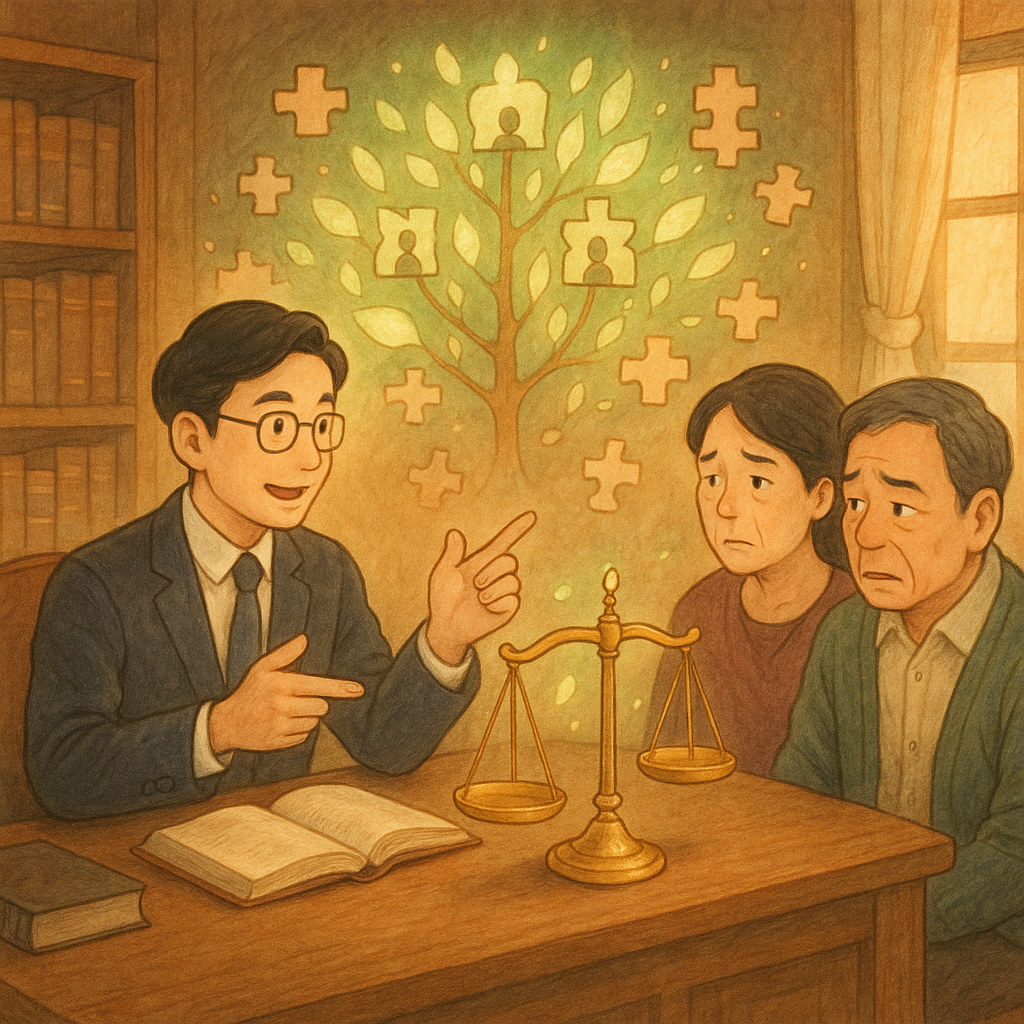 柔光的吉卜力風律師事務所內，台灣人律師溫和比劃，面前天秤微微失衡，家族樹化作發光葉片與不等大小的拼圖環繞；兩位台灣家屬神情複雜，木質質感與手繪紋理營造溫暖魔幻感，畫面無文字。