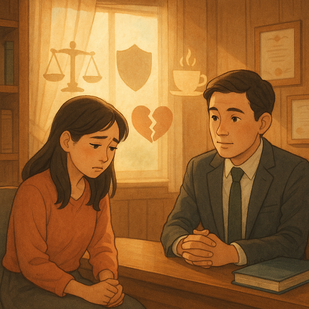 溫暖奇幻的手繪動畫風，高解析柔色自然光。表情細膩的台灣女子與律師在木質辦公室諮詢；天光透窗，浮現象徵圖像：正義天秤、守護盾、咖啡杯剪影與破裂心形鎖，暗示約會性侵創傷與重建希望。無文字。