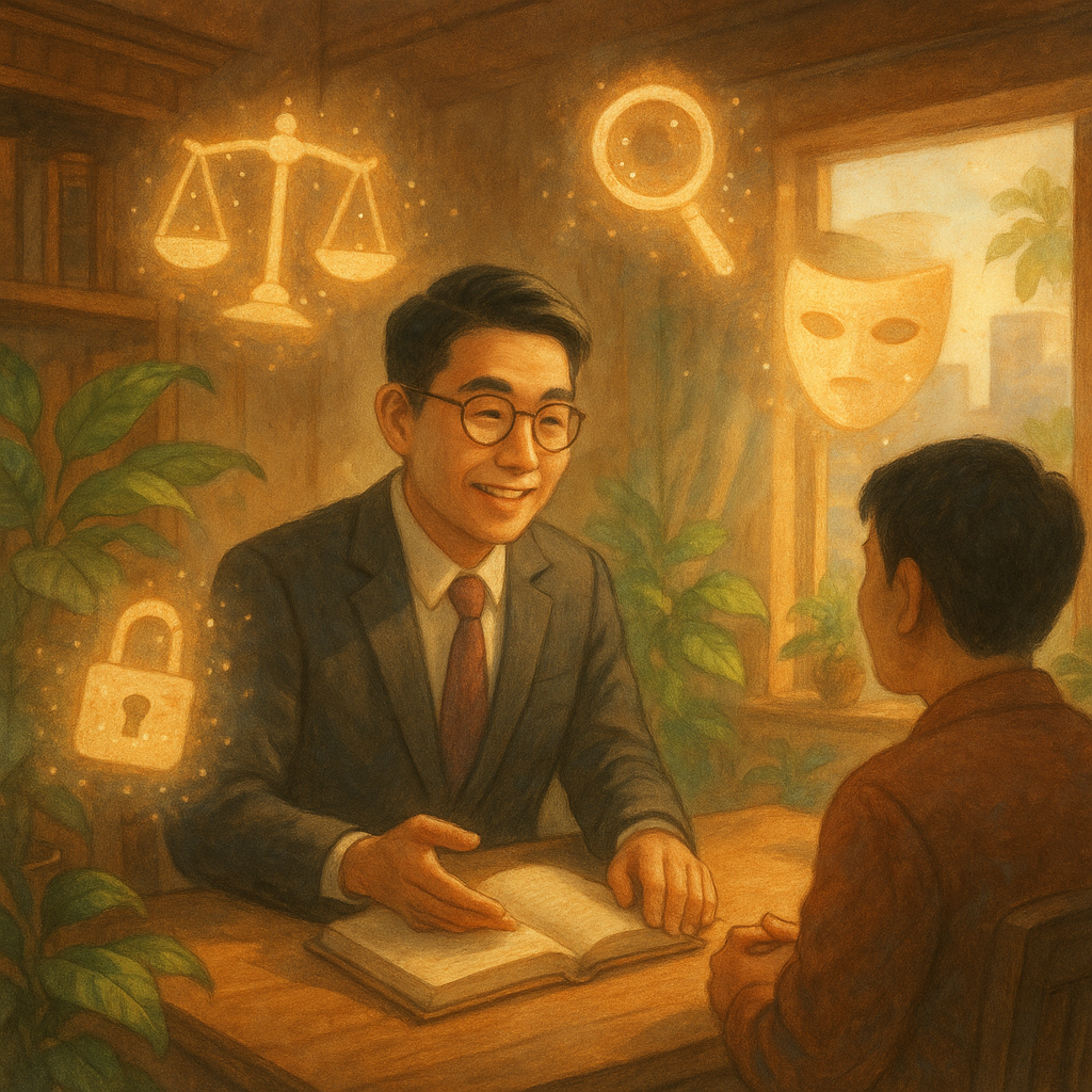 溫暖奇幻手繪風，高解析場景：穿著西裝的台灣律師與民眾在木質事務所對談，柔光灑入。周遭漂浮象徵詐欺罪的圖像：天秤、放大鏡、面具、鎖與碎裂的鏈條，化作柔和光粒。細膩植栽與城市窗景，氛圍沉穩安心，無文字。