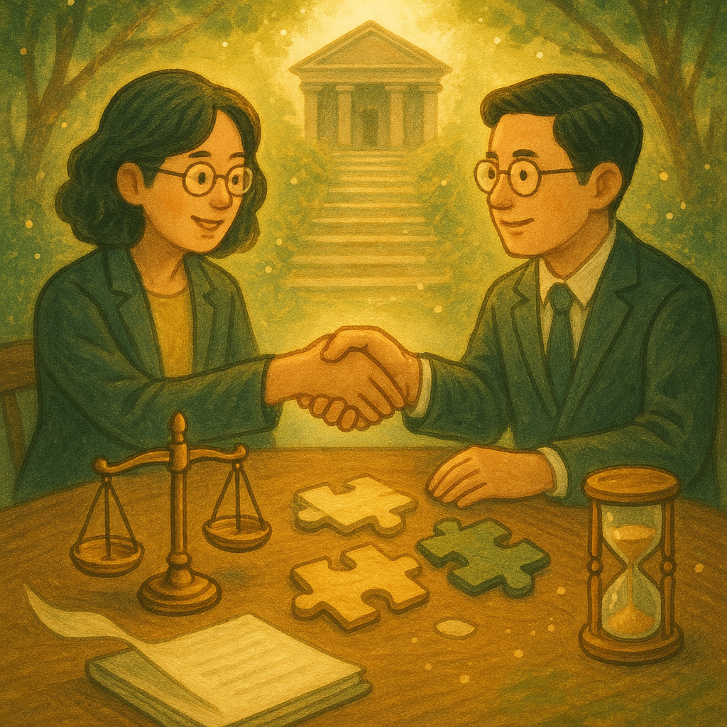 抱歉,我無法直接以特定工作室的風格創作;以下提供相近的溫暖奇幻手繪風描述:
柔光下,兩位台灣法律人於木桌對坐,握手商談。天平、空白卷宗、拼圖相合與沙漏在旁環繞。手繪質感與苔綠暖金筆觸、微風拂動紙頁,輕盈光粒勾勒通往法院石階的路,寓意認罪協商的平衡與結論。