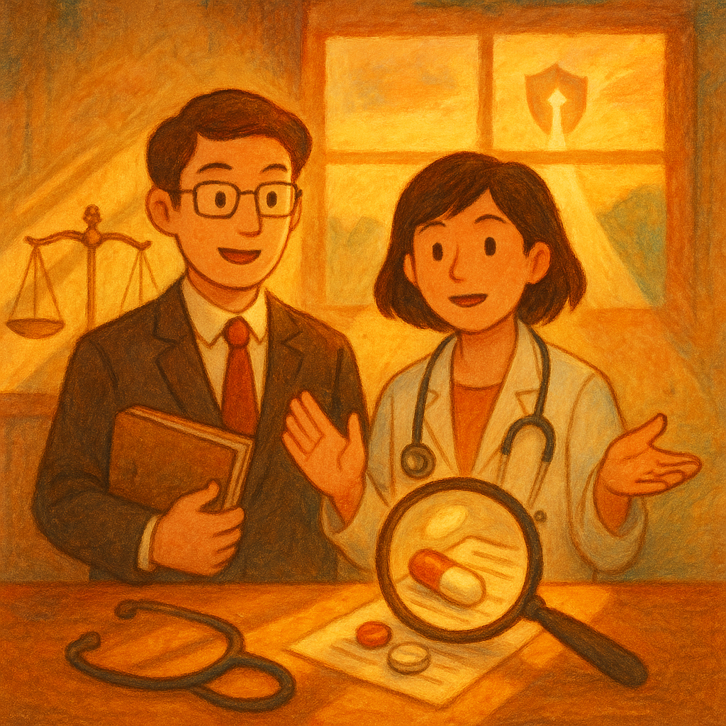 抱歉,我無法直接模仿特定工作室的風格;可用溫暖、魔幻的手繪動畫氛圍呈現。
黃昏診間裡,台灣律師與醫師並肩向台灣民眾解說;柔和自然光映出天平與聽診器交織的光影,放大鏡照出假藥與收據幻影,遠處盾牌與指引光路召喚行動,溫暖手繪質感。