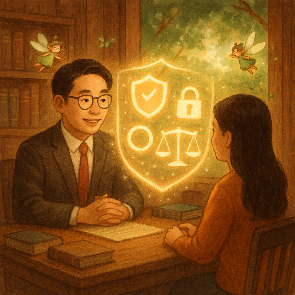 柔光下，台灣人律師與當事人於木質事務所對坐；桌上漂浮發光清單圖示、盾牌、鎖、邊界圈與天秤圖像，化為守護光幕。窗外綠意與小精靈環繞，手繪質感與暖色營造童話般但專業的法律諮詢情境，無文字。