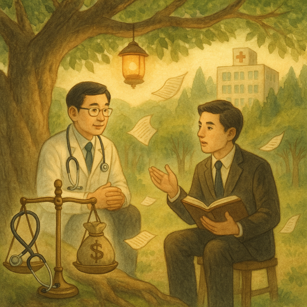 柔光下，台灣醫師與律師在榕樹下諮詢，天平上平衡聽診器與錢袋，病歷紙化作樹葉飄落；遠處醫院融入森林，檢驗儀器變成溫暖燈籠，象徵過度醫療之趨勢、實務與爭點，童話般寫實、手繪質感。