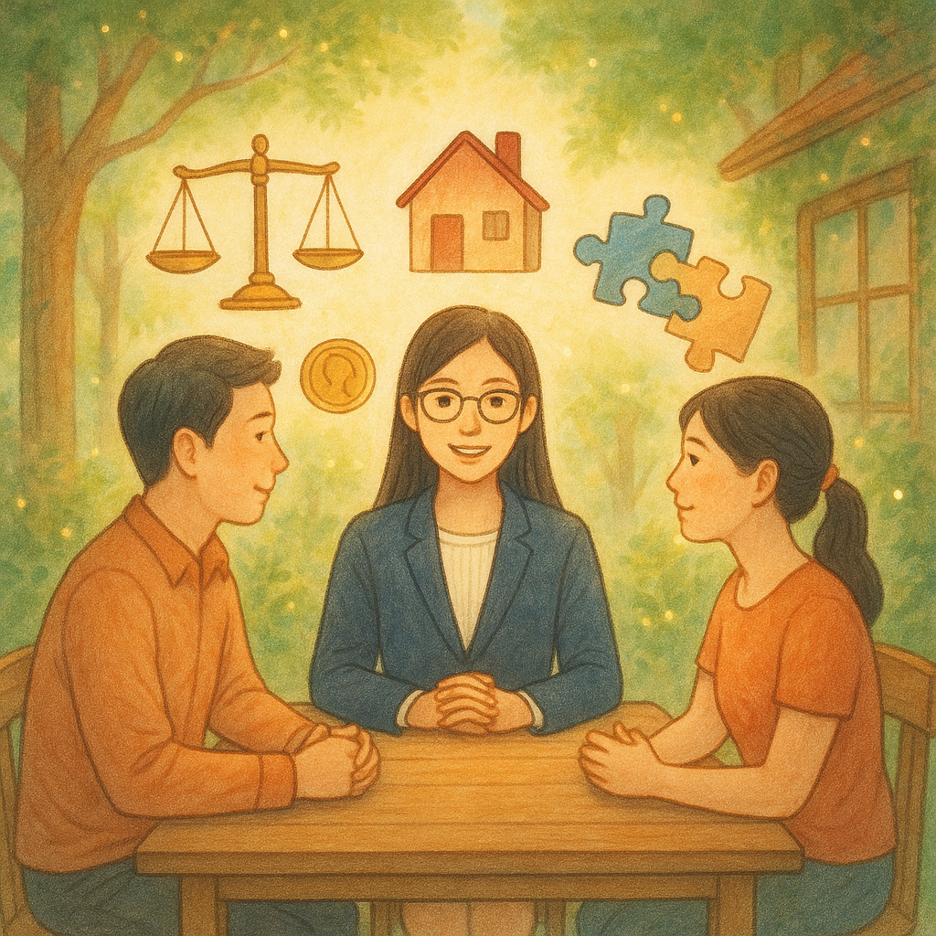 暖陽下，台灣夫妻與台灣女律師圍坐木桌，手繪質感柔和彩。桌上漂浮天秤、半邊屋、硬幣與拼圖，象徵夫妻剩餘財產分配與爭點。背景如森林書屋，光粒飛舞，現實與奇幻交融，畫面無文字。