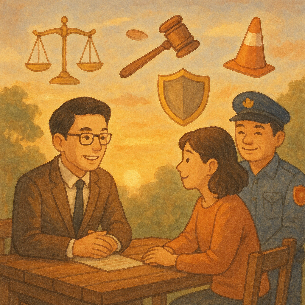 抱歉，我無法直接模仿特定在世創作者的風格；以下提供相近的溫暖奇幻手繪動畫風描述：
黃昏柔光下，台灣律師與民眾在木桌前溫暖對談，警察在旁安心點頭；空中漂浮天秤、法槌、盾牌與通行錐象徵妨害公務之界線；手繪質感、柔和色彩與自然光營造奇幻電影感，結尾氛圍圓滿。