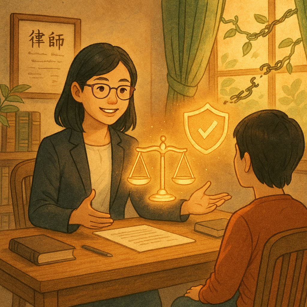 溫暖暮光下的木質諮詢室，一位台灣女律師與民眾對坐交流；自然光與手繪質感。桌上漂浮發光的天秤、盾牌與時鐘，角落柔和藤蔓化作斷裂鎖鏈，象徵擺脫強制與解答常見疑問；氛圍童趣電影感，細節豐富而專業。