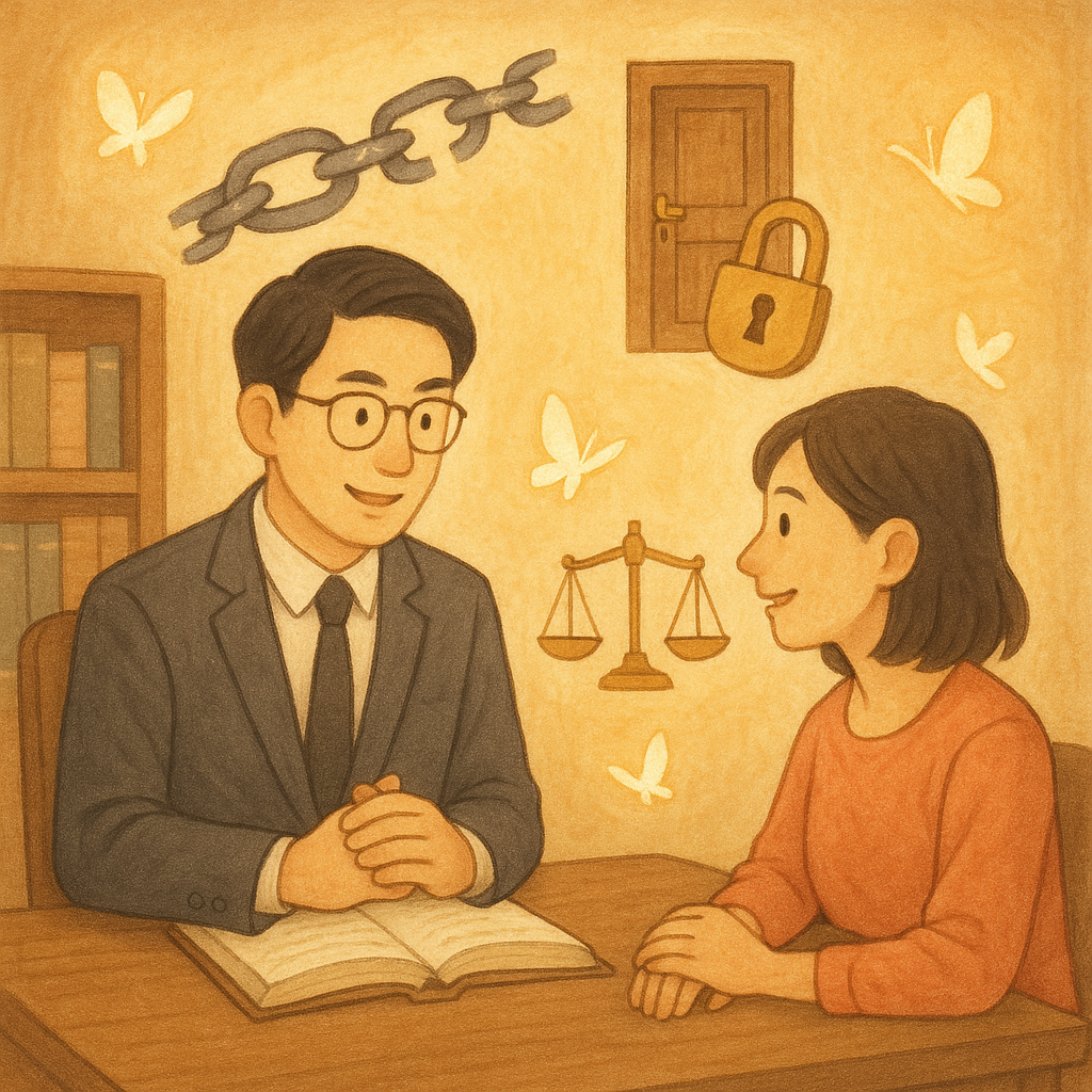 溫暖光線下，柔和色彩與手繪質感中，台灣人律師與民眾在木質事務所對談，周圍漂浮鎖鏈斷裂、解鎖的門、天平與飛舞光蝶，象徵對妨害自由疑問的釐清與守護。