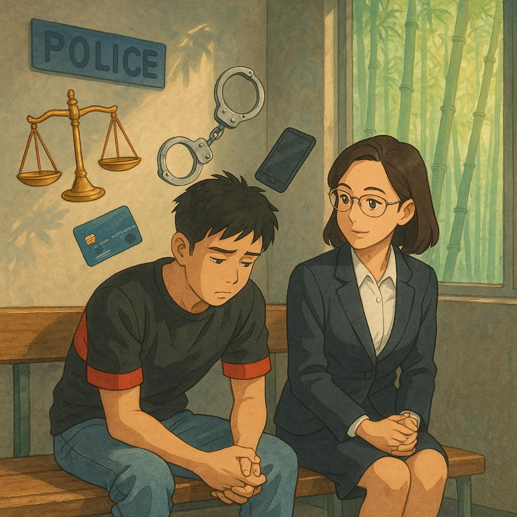吉卜力風高解析插畫：警局走廊中，疑似車手的台灣青年焦慮坐著，台灣女律師溫柔陪同，表情專業而關懷。自然柔光與手繪質感，天秤、手銬、手機與銀行卡在空中緩緩漂浮，竹林幻景映入。