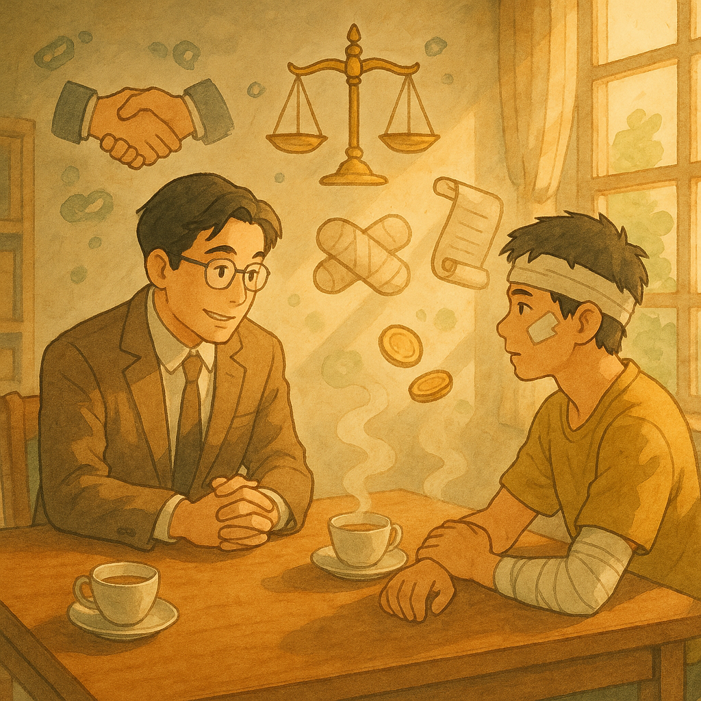 暖陽灑落的律師事務所內，台灣籍律師與輕傷當事人對坐洽談，桌上茶杯氤氳。周圍漂浮手繪天平、握手、合約卷軸、繃帶與硬幣等符號，象徵爭議點與談判實務；柔和色調、自然光、無文字、吉卜力風的細膩質感與高解析度。