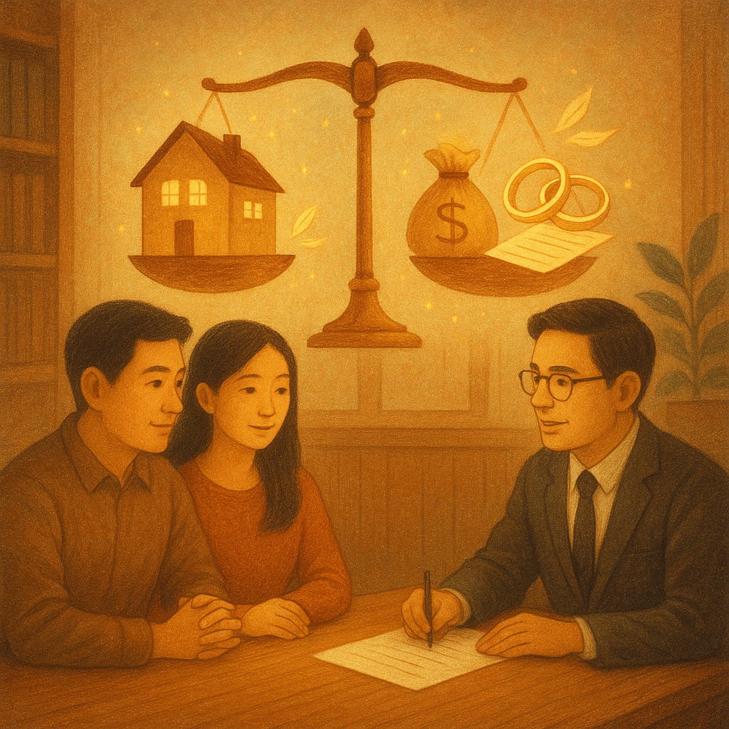 溫暖木質事務所裡，一對台灣夫妻與律師圍坐；柔光、柔色與手繪紋理營造奇幻電影感。空中漂浮天秤，兩端房屋與存款、婚戒與文件化作金葉微光，象徵夫妻剩餘財產分配的平衡與圓滿；畫面無文字。