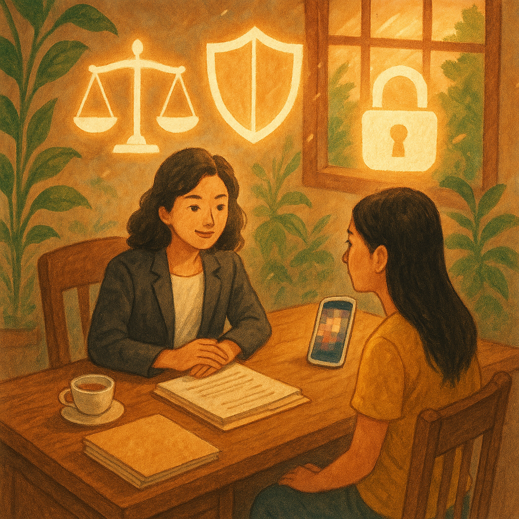 溫柔夕光與自然光下的木質事務所裡，一位台灣女律師與台灣當事人對坐，桌上有卷宗與茶杯；空中漂浮著天秤、盾牌與鎖的光影，手機螢幕以柔和馬賽克象徵私密影像；手繪質感與綠植營造奇幻、安心的諮詢氛圍。