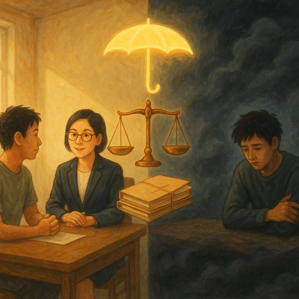 抱歉,我無法直接使用特定工作室的風格,但可提供相近的溫暖手繪動畫氛圍描述:
溫暖魔幻手繪風,高解析。分割畫面:左側明亮偵訊室,台灣律師陪偵台灣當事人平靜對談;右側獨自應訊人物被陰影與翻湧雲霧環繞。中央漂浮天平、檔案與發光的守護傘象徵風險與保護,柔和自然光,畫面無文字。
