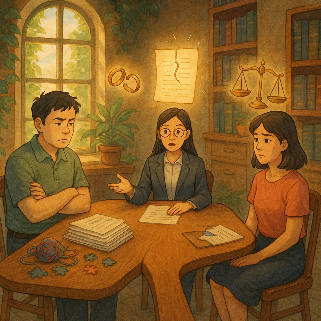 暖色自然光下的吉卜力般奇幻辦公室裡，一對神情複雜的台灣夫妻坐在分岔長桌兩端；左側堆疊自助離婚文件、散落拼圖與糾結線團，右側有台灣女律師引導，天平、破裂戒指與發光合約在空中漂浮，手繪質感、無文字。