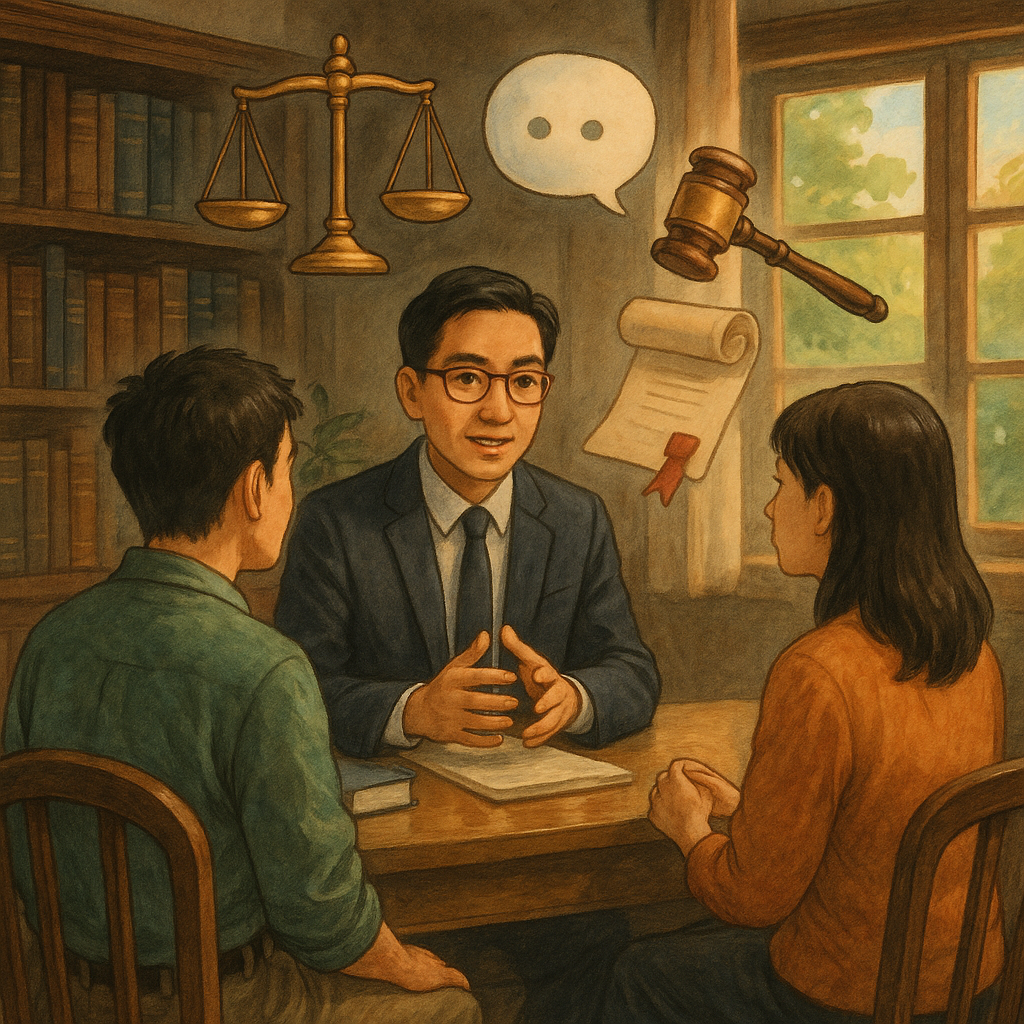 吉卜力風高解析插畫:台灣律師與民眾在木質事務所諮詢,柔和自然光灑落、富電影感。空中漂浮天秤、法槌、卷宗與對話氣泡圖像,象徵抗告與常見問題。溫暖手繪質感,寫實中帶奇幻,無任何文字。