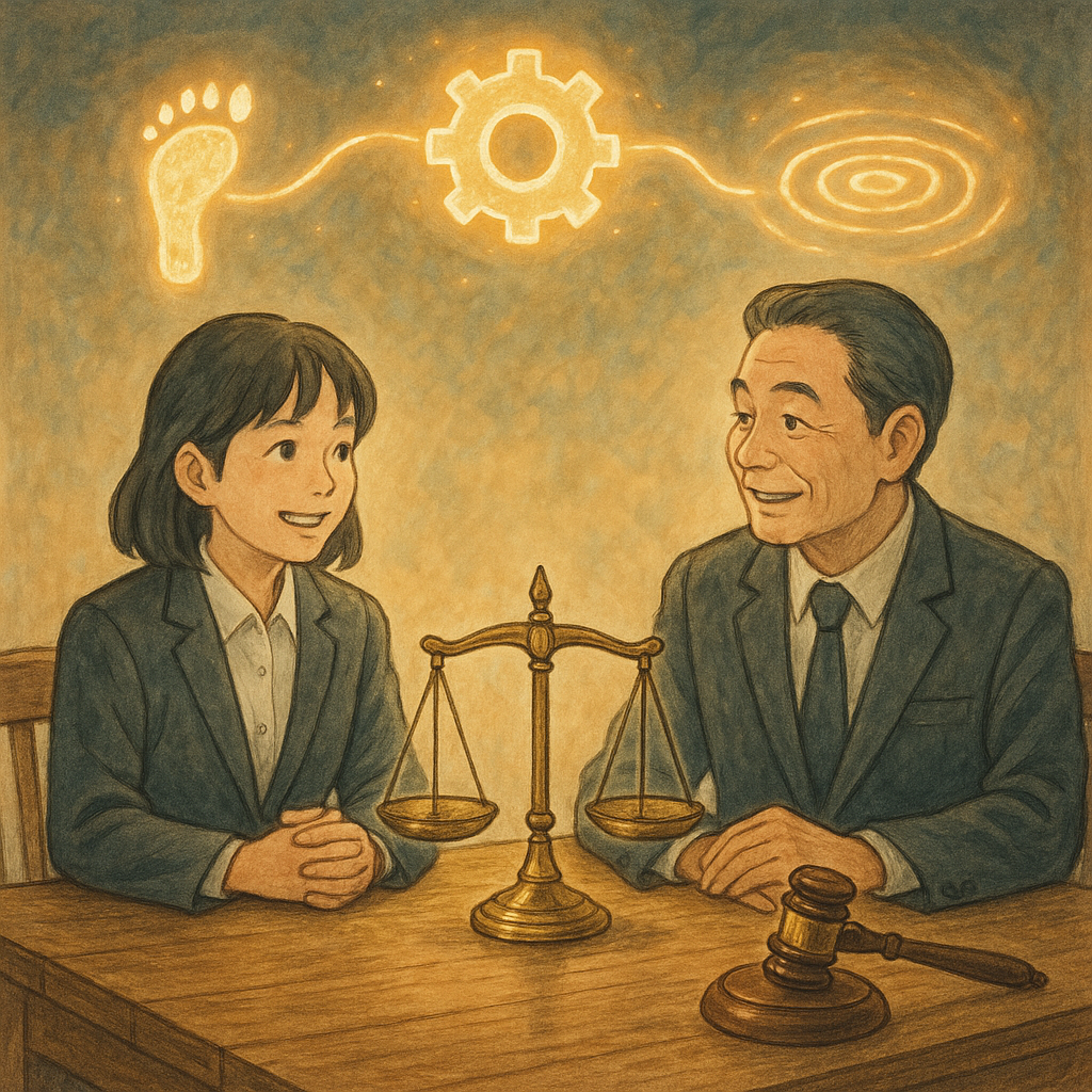 柔和自然光下，兩位台灣律師在木桌前溫暖對談，手邊天秤與法槌。空中流動的發光絲線串聯事件圖像：足跡、齒輪、波紋，逐一連到穩定的天秤，象徵因果關係與最終結論。手繪質感、吉卜力式奇幻氛圍，畫面無文字。