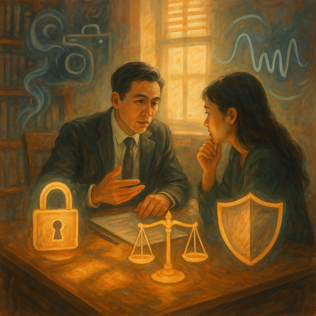 暖陽灑入木質事務所，台灣律師與當事人低語商談；桌上浮現發光的鎖、天秤與盾牌，暗影相機與聲波幻象環繞，手繪質感、柔色與微魔幻電影感光暈映出偷拍竊錄案例策略。