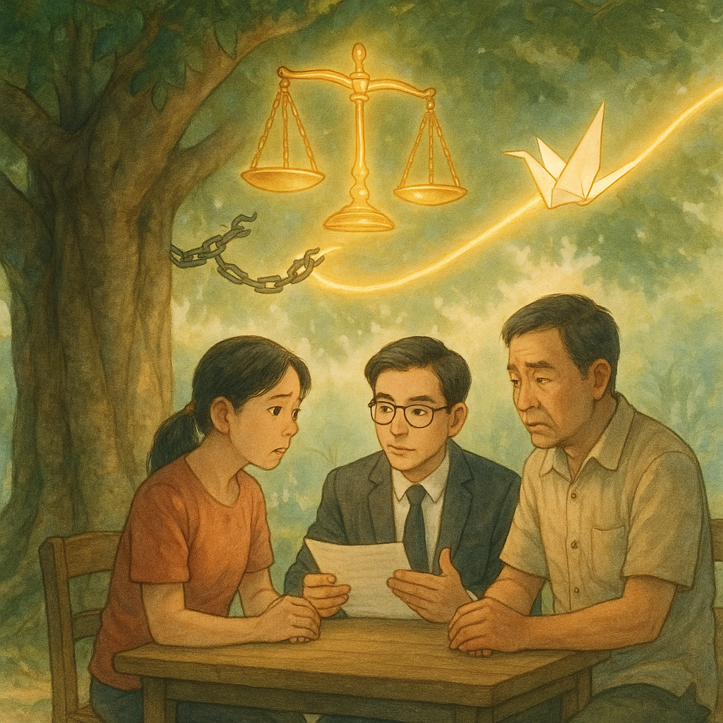 高解析度、柔和自然光下，吉卜力風手繪質感。榕樹下台灣律師與民眾表情細膩地諮詢，半裂的鎖鏈與發光天秤漂浮象徵未遂犯與正義；紙鶴化作光路指引行動，溫暖沉浸、奇幻且無文字。