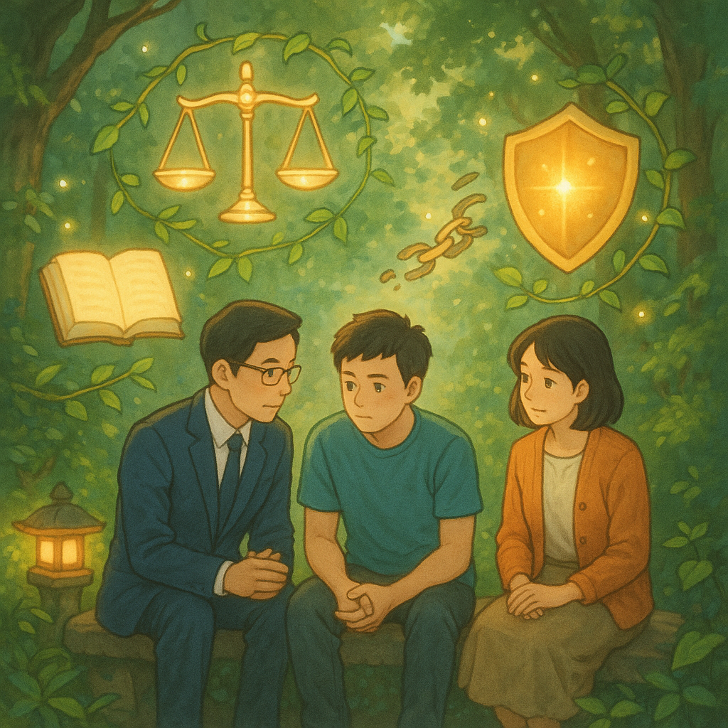 吉卜力風自然柔光下，台灣人律師與社工溫柔陪伴一名青年諮詢；周圍漂浮發光天秤、守護盾牌、無字法典、斷裂鎖鏈與綠葉藤蔓，石燈籠照亮前行小徑，手繪質感溫暖魔幻，畫面無文字。