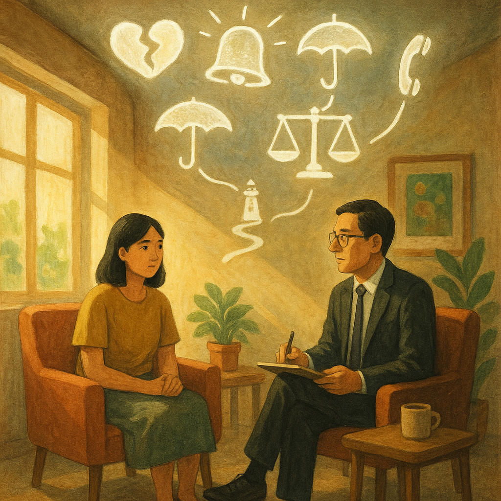 抱歉，我無法直接以特定工作室的確切風格創作，但可提供具相似特徵的描述：

暖陽灑入手繪質感的諮商室，一位台灣女性與專業律師對坐；天花板浮現光的象徵：裂紋愛心、警鈴、保護傘、天秤、地圖路徑連向燈塔與電話聽筒，柔和色彩與自然光，電影感營造寫實與奇幻交織的希望氛圍，畫面無文字。