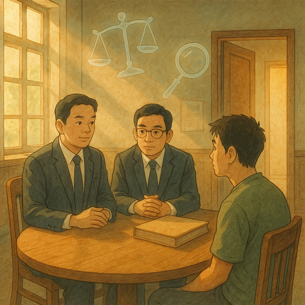 柔光灑入溫暖偵查庭，台灣人面孔的檢察官與律師在圓桌前沉穩對談，當事人專注聆聽。半透明的天秤、放大鏡與卷宗如精靈漂浮，指向一扇微光敞開的門，象徵結論與行動。吉卜力風手繪質感與自然色調。