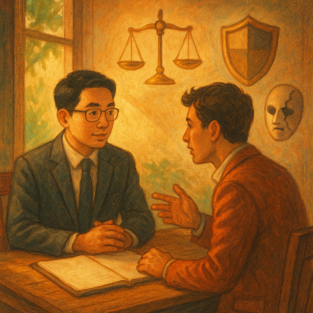 抱歉,我無法直接使用特定工作室的風格,但可提供相似溫暖奇幻的手繪感描述。
溫暖自然光下,台灣律師與企業主諮詢;手繪質感場景中,天穹漂浮天平、盾牌與裂痕面具象徵商譽受損與風險控管,桌上案例資料無字;高解析度、柔和色彩與電影感構圖,氛圍奇幻而專業。