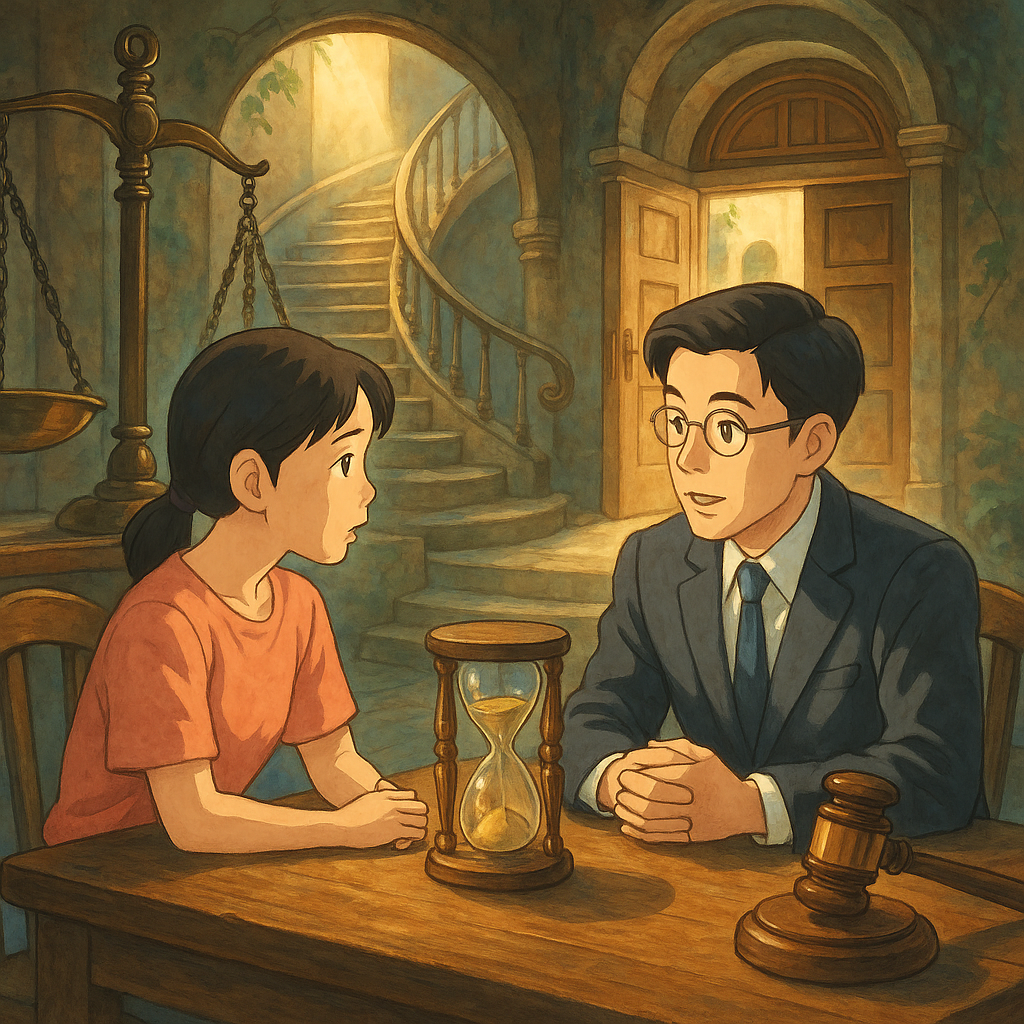 吉卜力電影感高解析插畫：台灣律師與當事人在溫柔自然光下諮詢，手繪質感。周圍環繞天秤、法槌、沙漏與回旋階梯通向再開的法院之門，象徵再審與常見疑問的解答，氛圍溫暖魔幻、細節豐富，具敘事與沉浸感，無文字。