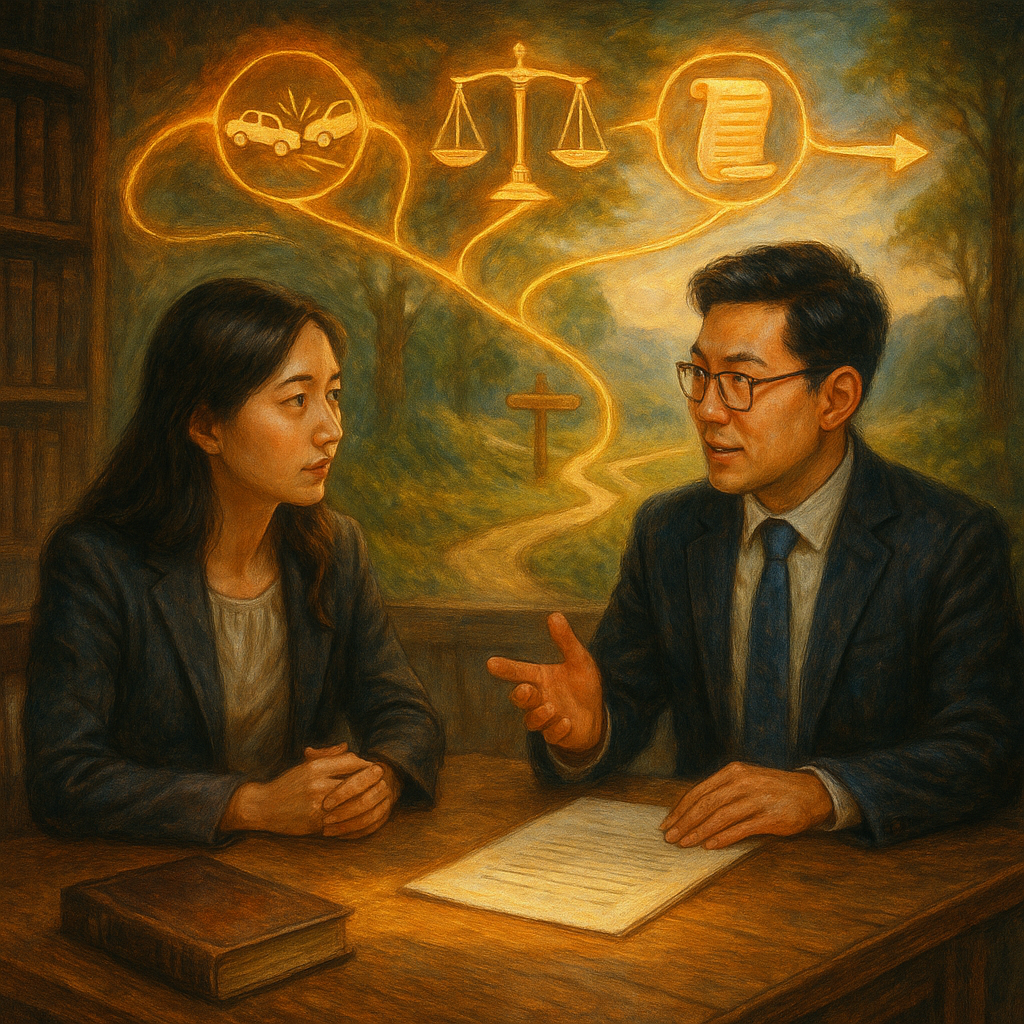 溫暖手繪、奇幻電影感、細節豐富的法律諮詢場景：兩位台灣專業人士在木桌前討論，發光的因果鏈如金色絲線連接事故圖示、天秤與合約，化作通往遠方的分岔小徑與指引箭頭，柔和自然光，無文字。