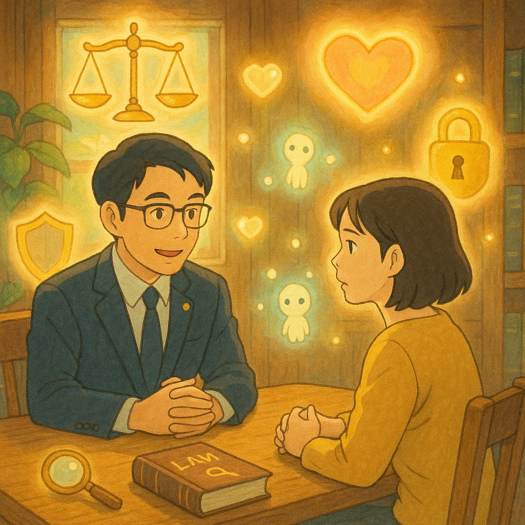 高解析度吉卜力風插畫：台灣律師與當事人於暖陽木質事務所對坐，手繪柔光。周圍漂浮天平、盾牌、鎖與心形光暈、放大鏡與法典、守護光泡與小精靈，象徵妨害性自主法律諮詢，畫面無文字。