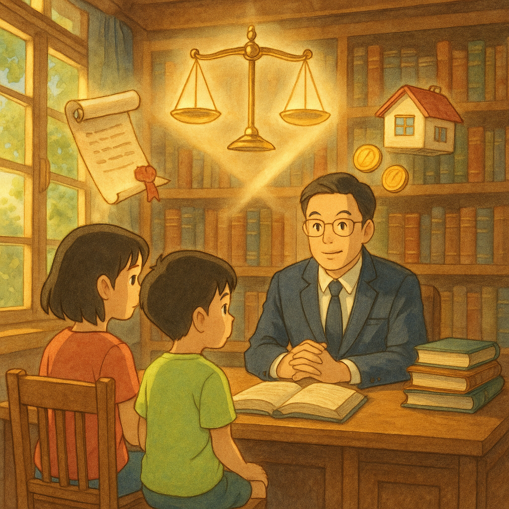吉卜力風格溫暖場景:台灣兄妹與專業律師在陽光木質書房諮詢,手繪質感。周圍飄浮天秤、遺囑卷軸、房屋與硬幣,天秤分成兩道柔光象徵特留分,細緻自然光、夢幻又寫實,無文字。