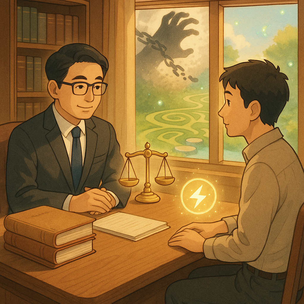 台灣律師與當事人於溫暖木質事務所對坐，表情專業且溫和；桌上漂浮天秤、卷宗與發光雷標記。窗外柔和自然光灑入，陰影巨手與斷裂鎖鏈象徵強制逐漸化為光塵；迷宮小徑與安全踏石延展，螢光精靈指引，吉卜力風，無字。