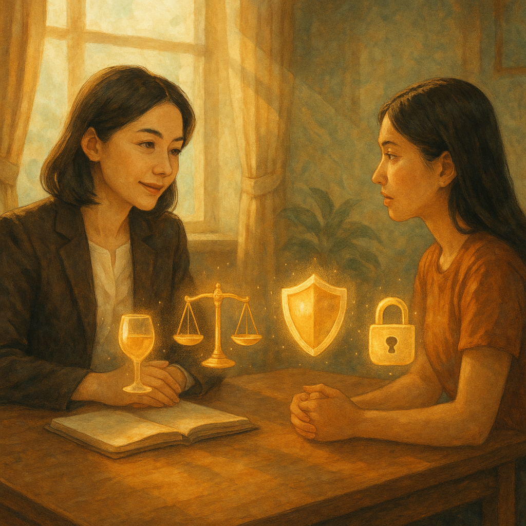 溫暖日系手繪風的高解析電影感插畫：自然光灑入法律諮詢室，台灣女律師與台灣當事人對坐交流，表情溫和專注。桌上漂浮微光的酒杯、天平、護盾與鎖，象徵酒後性侵的疑慮與保護與求助；氛圍魔幻療癒，無文字。