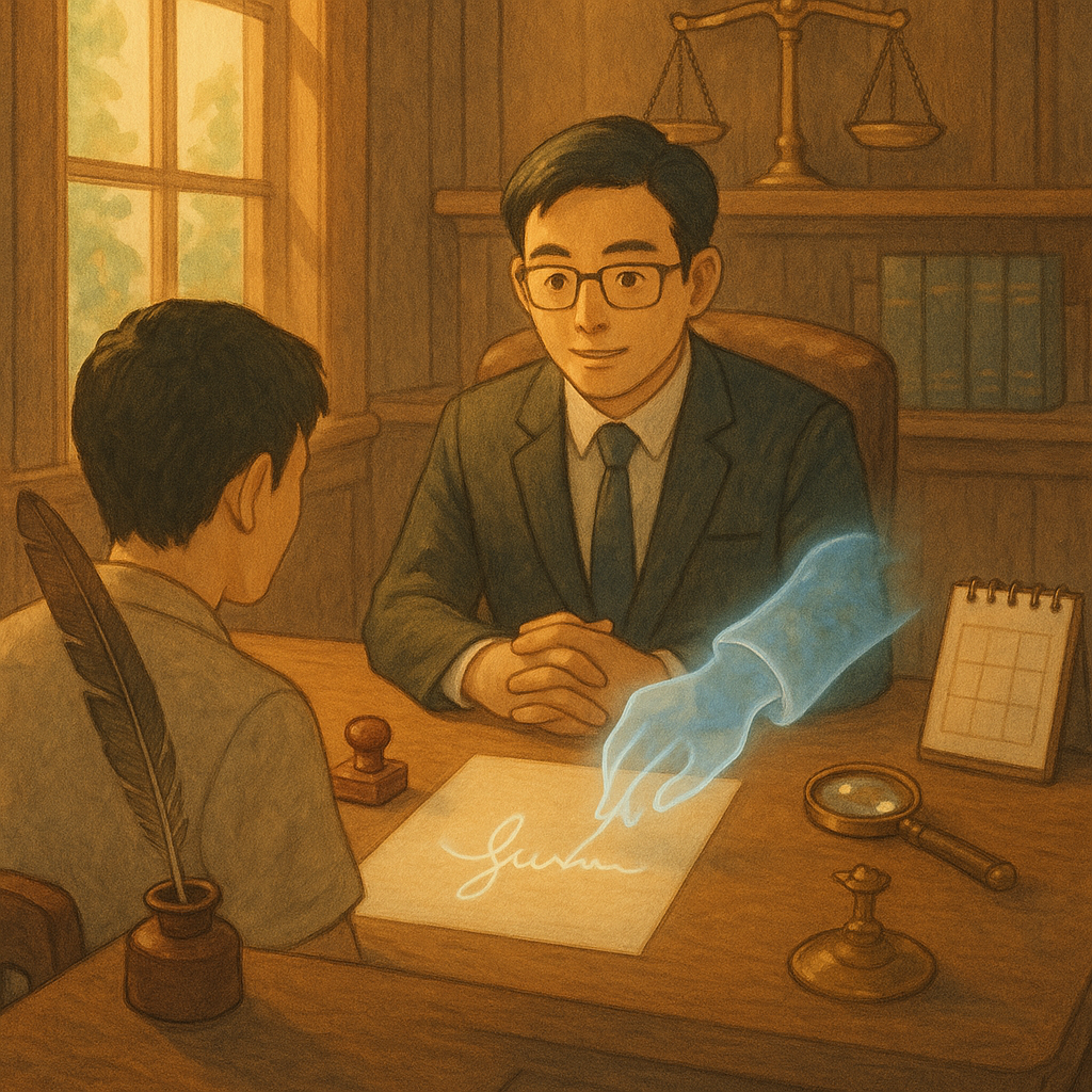 柔暖光線灑入木質律所，台灣律師與民眾諮商；桌上空白表單、印章與羽毛筆，天秤與放大鏡散發微光；一抹半透明援手牽引筆跡成簽名幻影，象徵幫忙簽名與偽造風險；清單與曆面皆無文字，手繪質感、吉卜力式奇想氛圍。