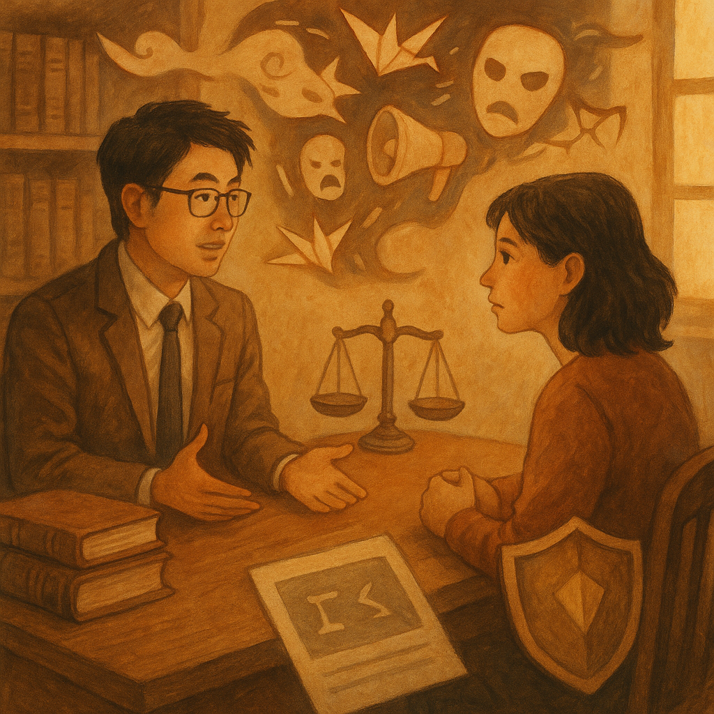 抱歉,我無法直接模仿特定工作室的風格;以下提供相近的溫暖手繪奇幻風描述:
柔和自然光下,台灣律師與當事人在溫暖木質事務所對坐;手繪質感。空中漂浮的耳語化作紙鶴與陰影,化為面具、喇叭與碎裂鏡象徵謠言;天平與盾牌微光守護名譽,卷宗與無字社群介面圖示映出爭點的張力。
