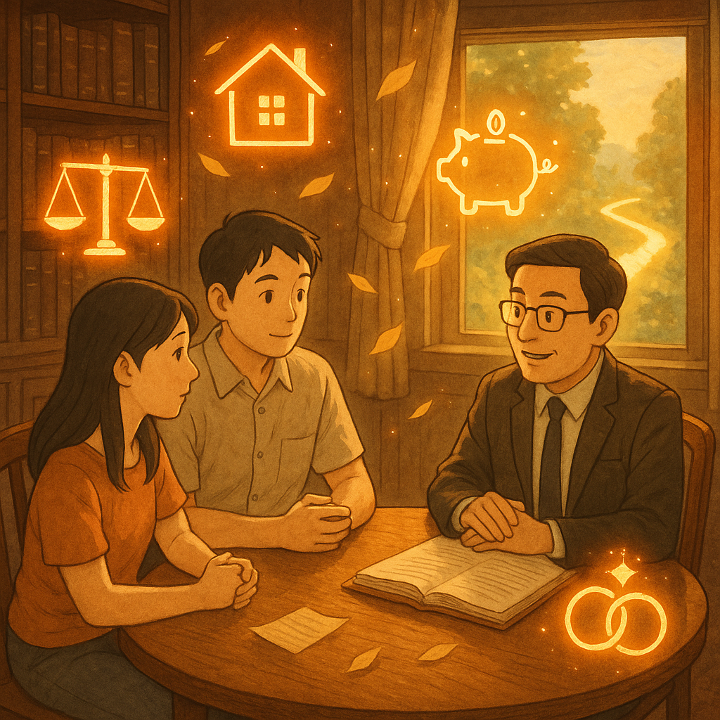 高解析、電影感的吉卜力風暖色場景：台灣夫妻與台灣律師於木質書房圓桌諮詢；自然光如紗。天平、房屋、存錢罐與婚戒化作發光圖示環繞，卷宗化葉片漂浮，一道發光小徑延伸窗外，寓意行動方向。