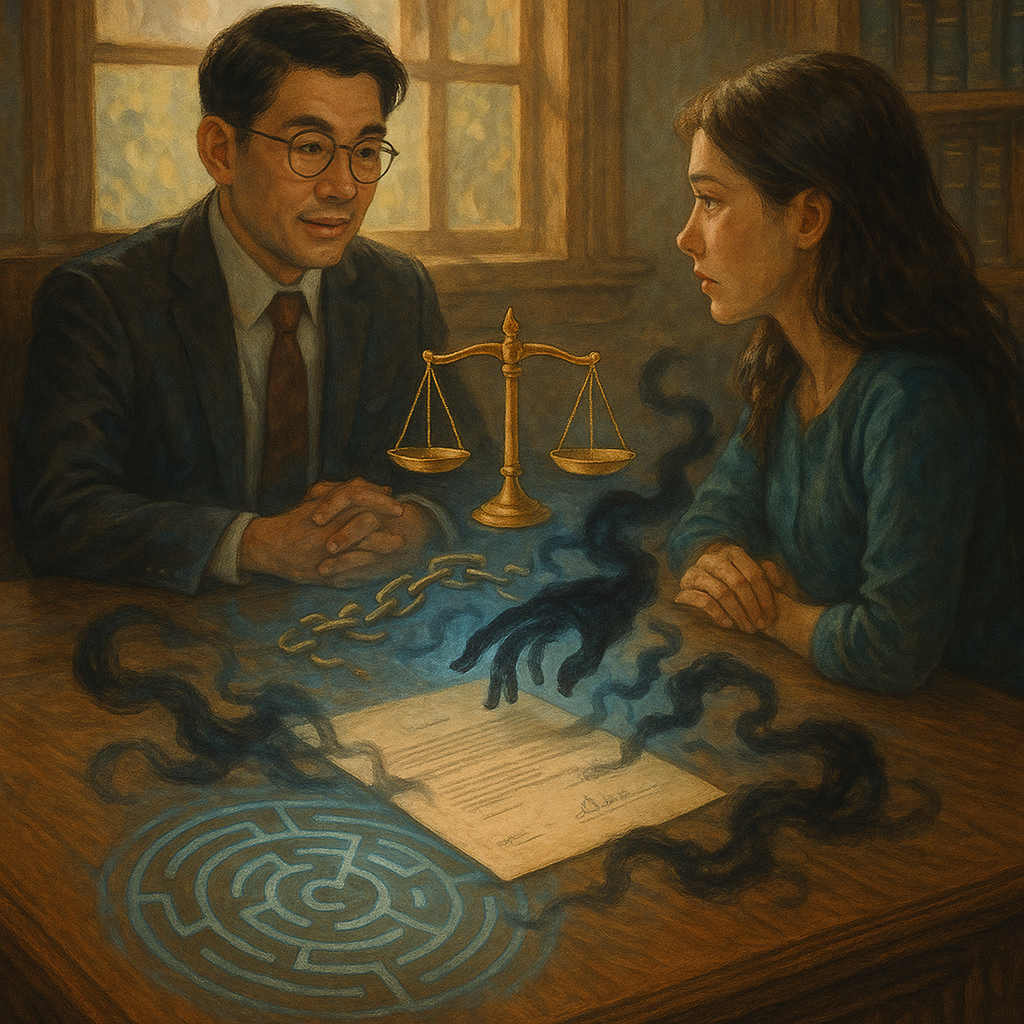 抱歉，我無法直接以特定創作者的風格呈現；以下提供具相似氛圍的手繪奇幻描述：

高解析、溫暖自然光的手繪插畫：台灣人律師與當事人在木質律所相談，桌上浮現天秤、破碎鎖鏈與迷宮投影，暗影之手環繞契約又漸散，象徵強制罪與潛在法律爭議；細膩筆觸、夢幻寫實、電影感氛圍。