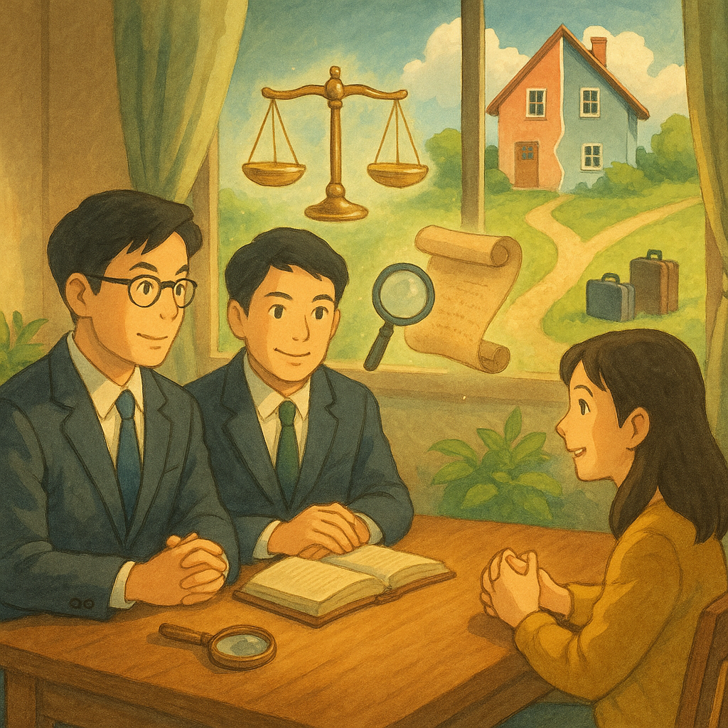 柔和自然光下，吉卜力風格手繪場景：兩位台灣人律師穿正裝與當事人圍桌而坐，桌上天平、放大鏡與無字卷軸漂浮；窗外一屋分成兩半、兩行李與分岔小徑象徵分居事實，氤氳魔幻又溫暖。